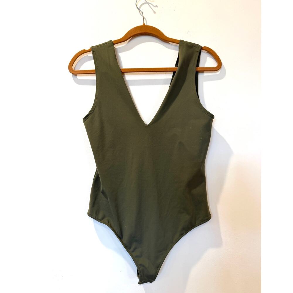 Free People dark olive green deep plunge bodysuit large thong festival cochella